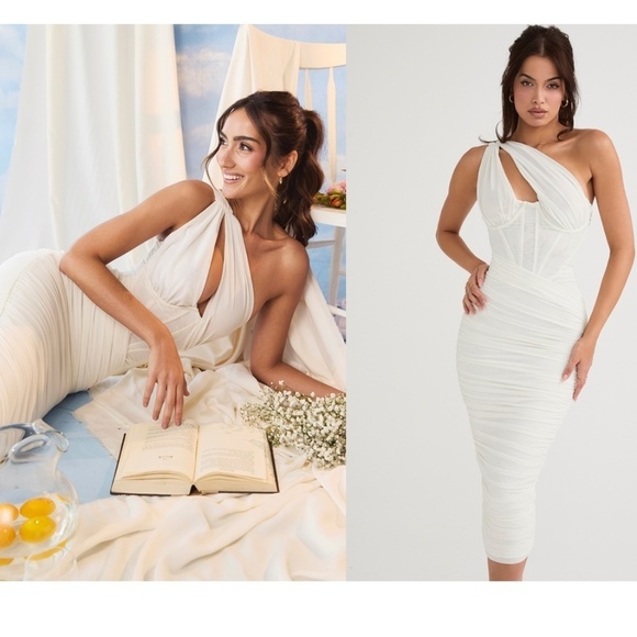 HOUSE OF CB XS D-DD  'Valentina' Ivory white Asymmetric Cutout Midi Dress NWOT‎ - Picture 4 of 15